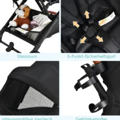 Kinderwagen faltbar Reisebuggy mit verstellbarem Rückenlehne & Verdeck Babywagen mit Becherhalter Schwarz