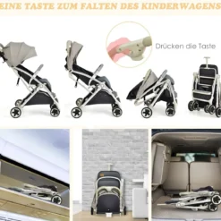 Kinderwagen faltbar Reisebuggy mit verstellbarem Rückenlehne & Verdeck Babywagen mit Becherhalter Grau