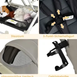 Kinderwagen faltbar Reisebuggy mit verstellbarem Rückenlehne & Verdeck Babywagen mit Becherhalter Grau