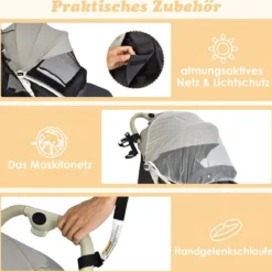 Kinderwagen faltbar Reisebuggy mit verstellbarem Rückenlehne & Verdeck Babywagen mit Becherhalter Grau