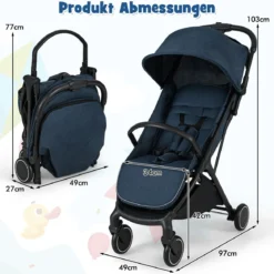 Kinderwagen klappbar Reisebuggy mit Liegefunktion Kinderbuggy tragbar mit verstellbarer Rückenlehne bis 15 kg Belastbar Blau