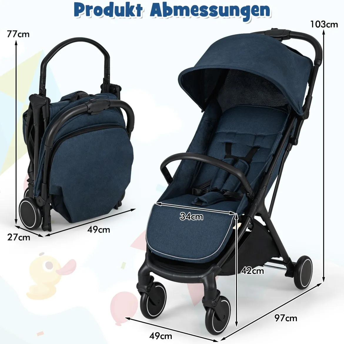 Kinderwagen klappbar Reisebuggy mit Liegefunktion Kinderbuggy tragbar mit verstellbarer Rückenlehne bis 15 kg Belastbar Blau