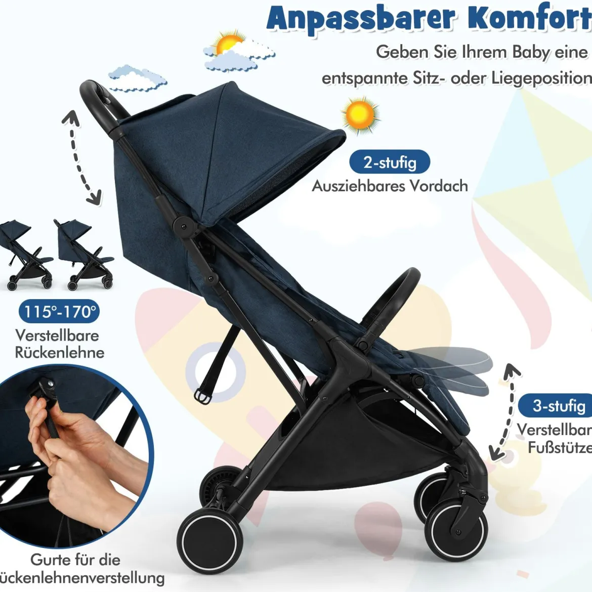 Kinderwagen klappbar Reisebuggy mit Liegefunktion Kinderbuggy tragbar mit verstellbarer Rückenlehne bis 15 kg Belastbar Blau
