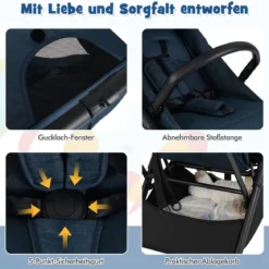Kinderwagen klappbar Reisebuggy mit Liegefunktion Kinderbuggy tragbar mit verstellbarer Rückenlehne bis 15 kg Belastbar Blau