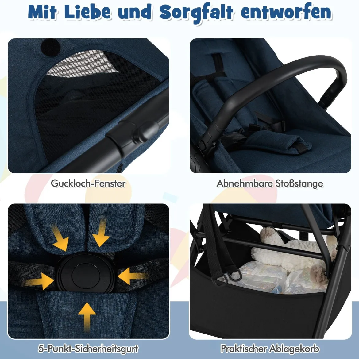 Kinderwagen klappbar Reisebuggy mit Liegefunktion Kinderbuggy tragbar mit verstellbarer Rückenlehne bis 15 kg Belastbar Blau