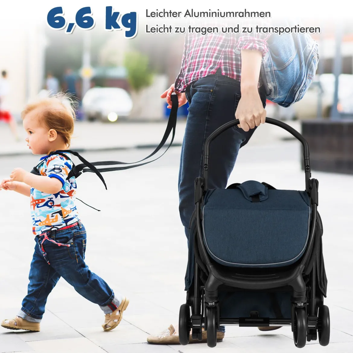 Kinderwagen klappbar Reisebuggy mit Liegefunktion Kinderbuggy tragbar mit verstellbarer Rückenlehne bis 15 kg Belastbar Blau