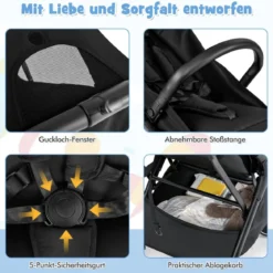 Kinderwagen klappbar Reisebuggy mit Liegefunktion Kinderbuggy tragbar mit verstellbarer Rückenlehne Schwarz