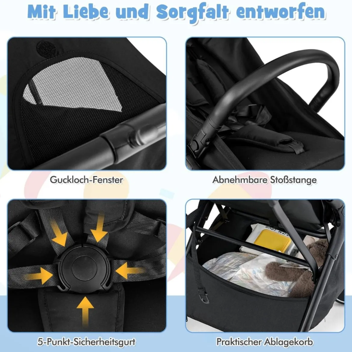 Kinderwagen klappbar Reisebuggy mit Liegefunktion Kinderbuggy tragbar mit verstellbarer Rückenlehne Schwarz