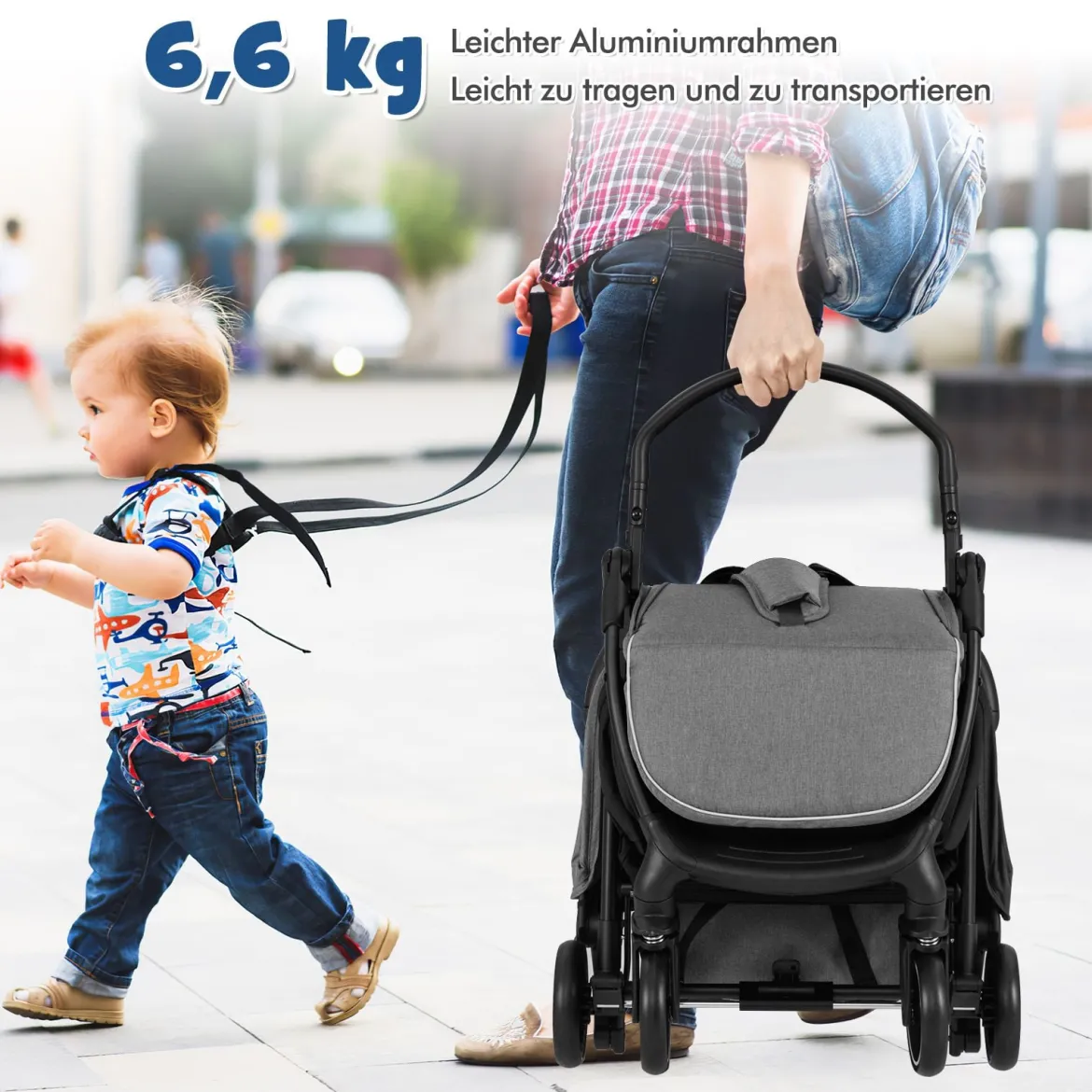 Kinderwagen klappbar Reisebuggy mit Liegefunktion Kinderbuggy tragbar mit verstellbarer Rückenlehne bis 15 kg Belastbar Grau