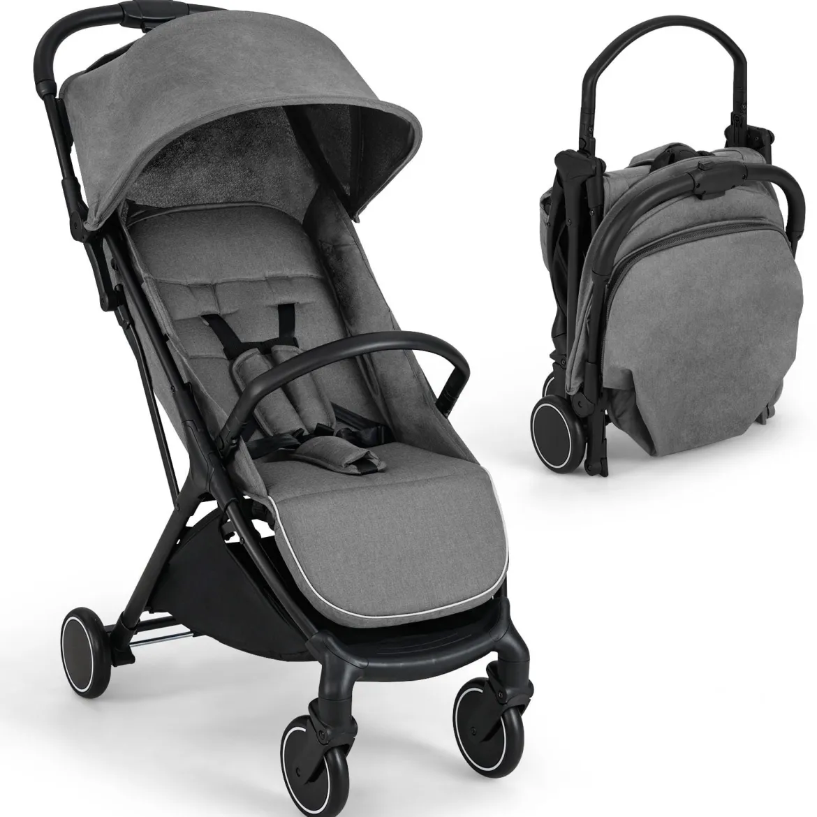 Kinderwagen klappbar Reisebuggy mit Liegefunktion Kinderbuggy tragbar mit verstellbarer Rückenlehne bis 15 kg Belastbar Grau