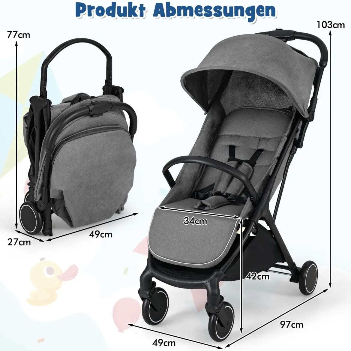 Kinderwagen klappbar Reisebuggy mit Liegefunktion Kinderbuggy tragbar mit verstellbarer Rückenlehne bis 15 kg Belastbar Grau