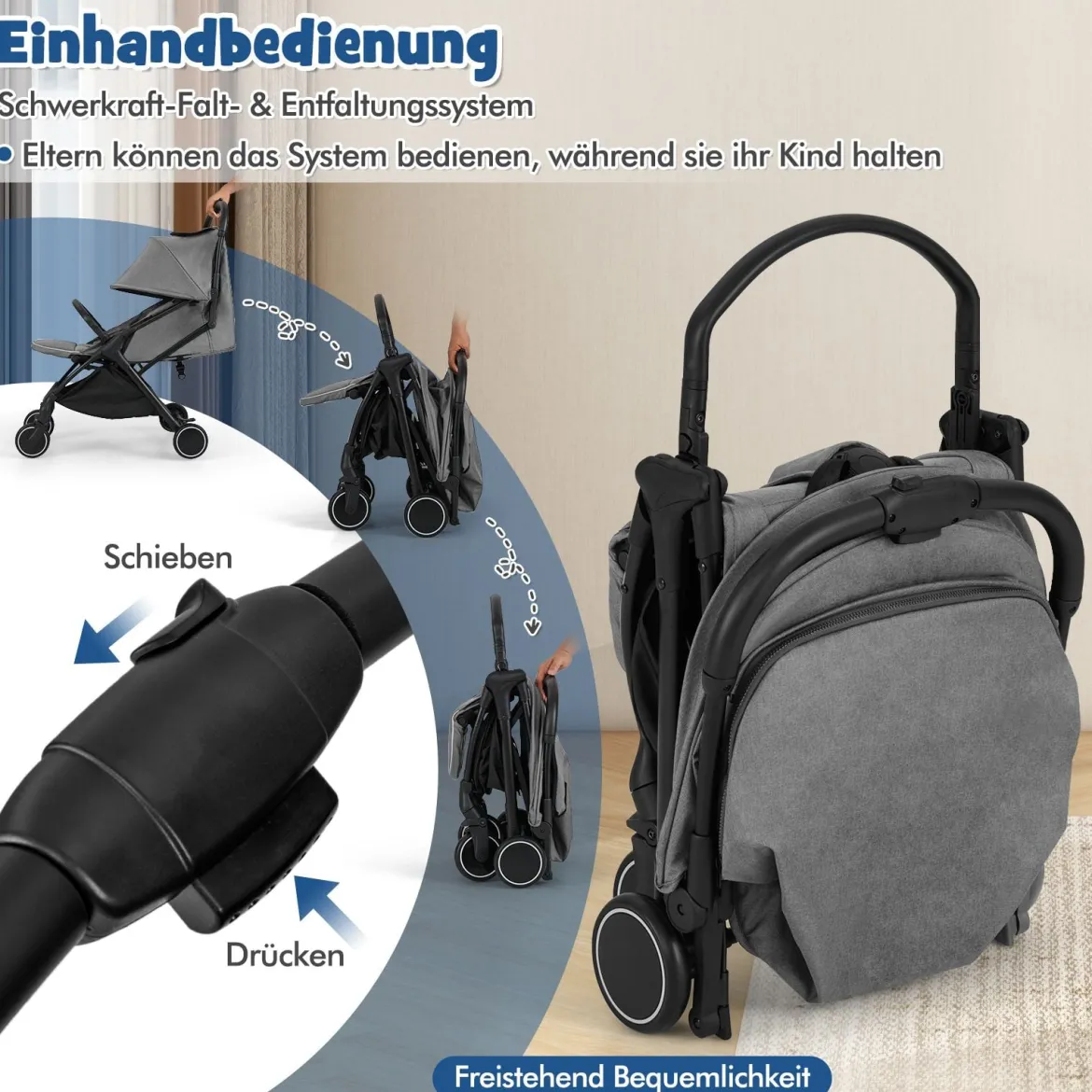 Kinderwagen klappbar Reisebuggy mit Liegefunktion Kinderbuggy tragbar mit verstellbarer Rückenlehne bis 15 kg Belastbar Grau