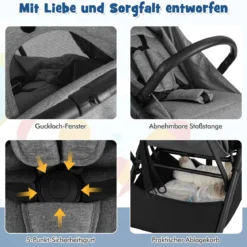 Kinderwagen klappbar Reisebuggy mit Liegefunktion Kinderbuggy tragbar mit verstellbarer Rückenlehne bis 15 kg Belastbar Grau
