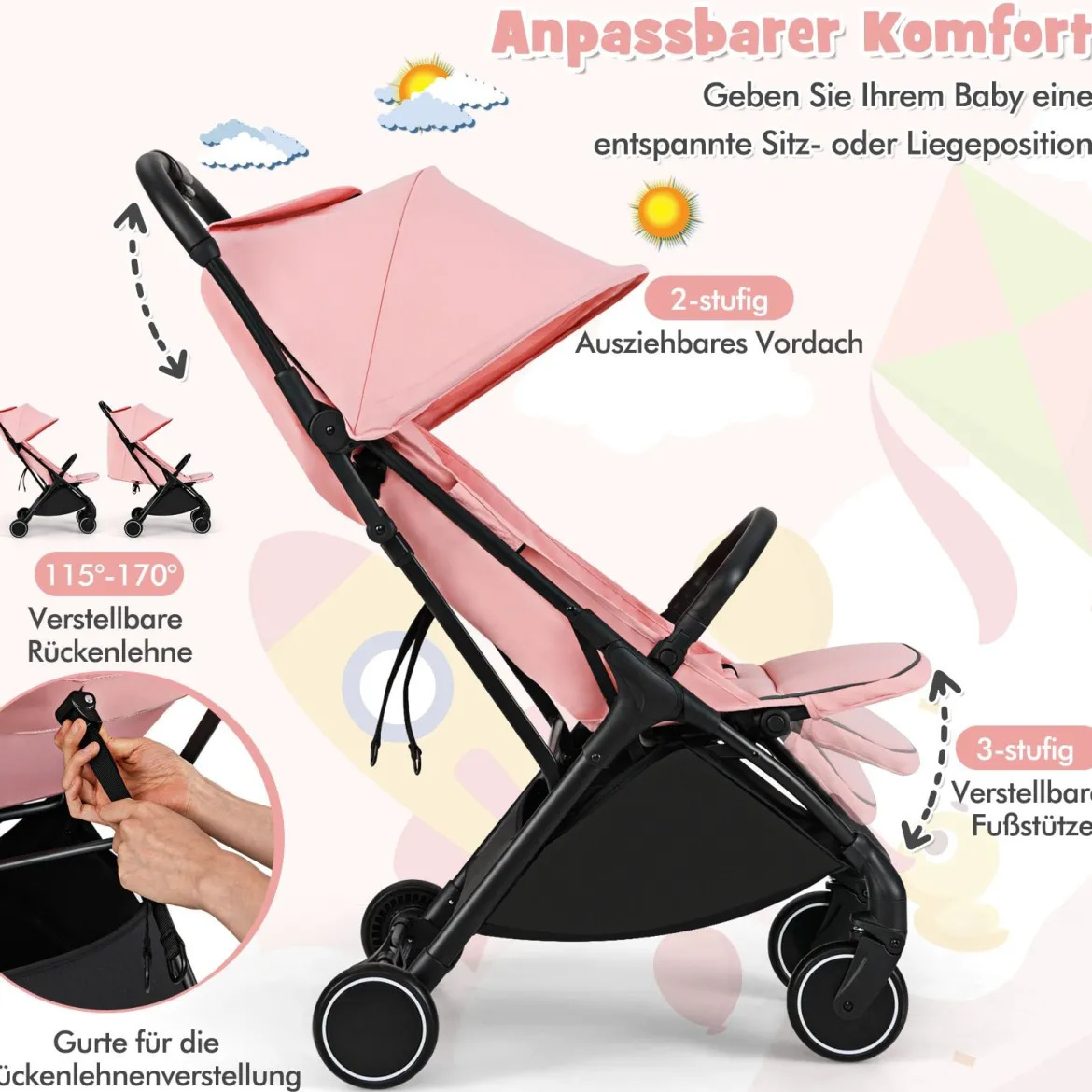 Kinderwagen klappbar Reisebuggy mit Liegefunktion Kinderbuggy tragbar mit verstellbarer Rückenlehnebis 15 kg Belastbar Rosa