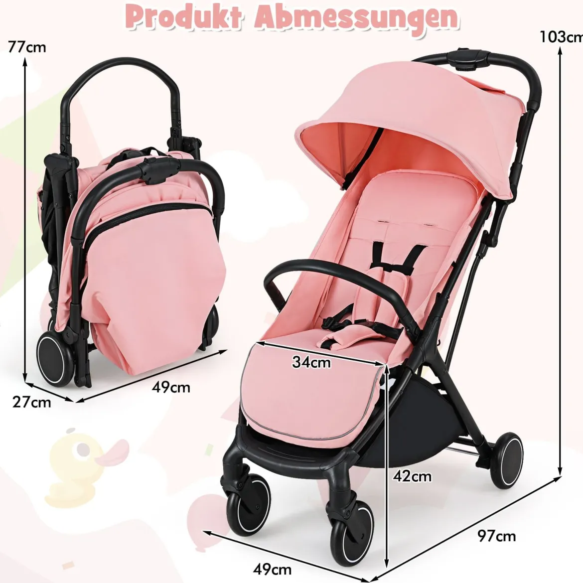 Kinderwagen klappbar Reisebuggy mit Liegefunktion Kinderbuggy tragbar mit verstellbarer Rückenlehnebis 15 kg Belastbar Rosa