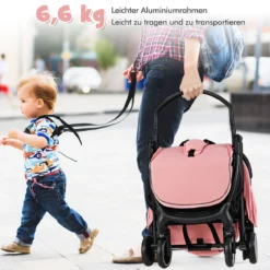 Kinderwagen klappbar Reisebuggy mit Liegefunktion Kinderbuggy tragbar mit verstellbarer Rückenlehnebis 15 kg Belastbar Rosa