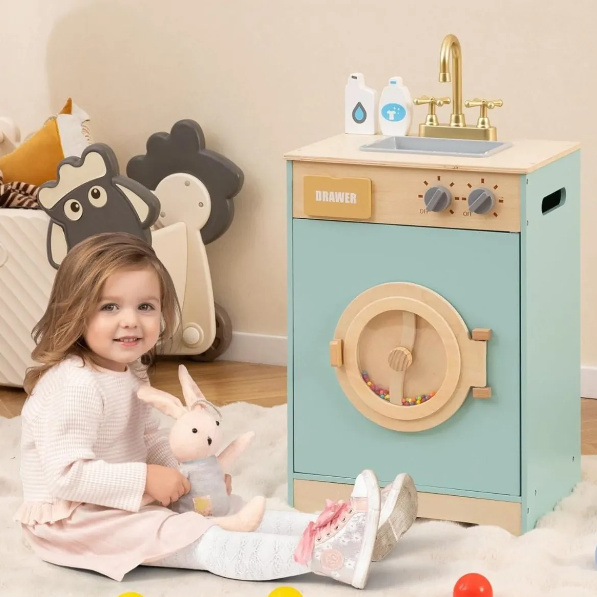Kinder Waschmaschine mit Waschmittel Holz Spielzeug-Waschmaschine Wäscherei-Küchenset mit Spüle