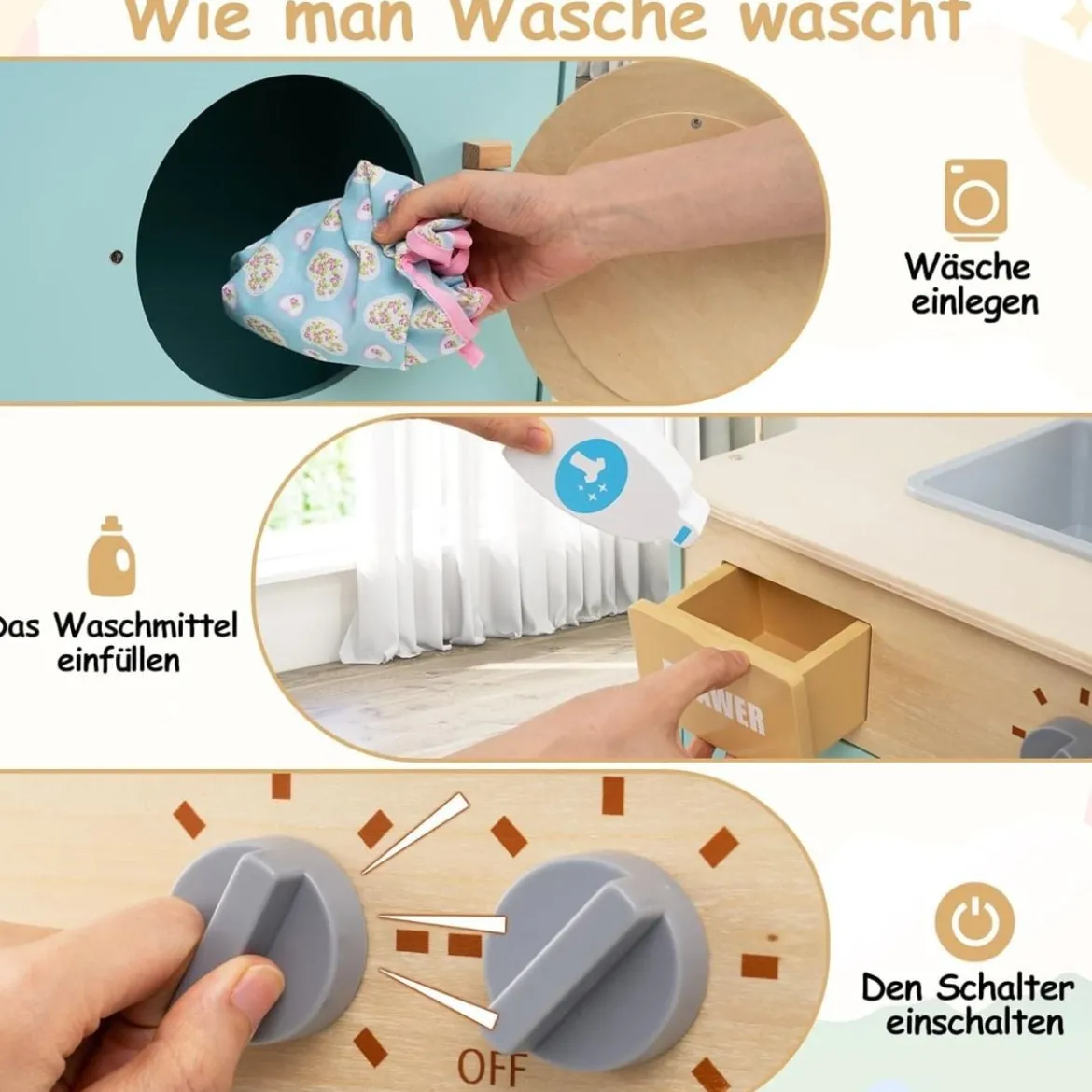 Kinder Waschmaschine mit Waschmittel Holz Spielzeug-Waschmaschine Wäscherei-Küchenset mit Spüle