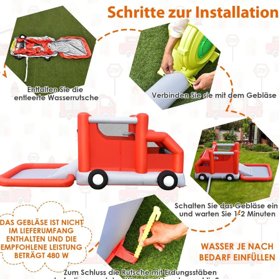 Kinder-Wasserrutsche im Feuerwehr-Stil mit Planschbecken 564 x 268 x 212 cm