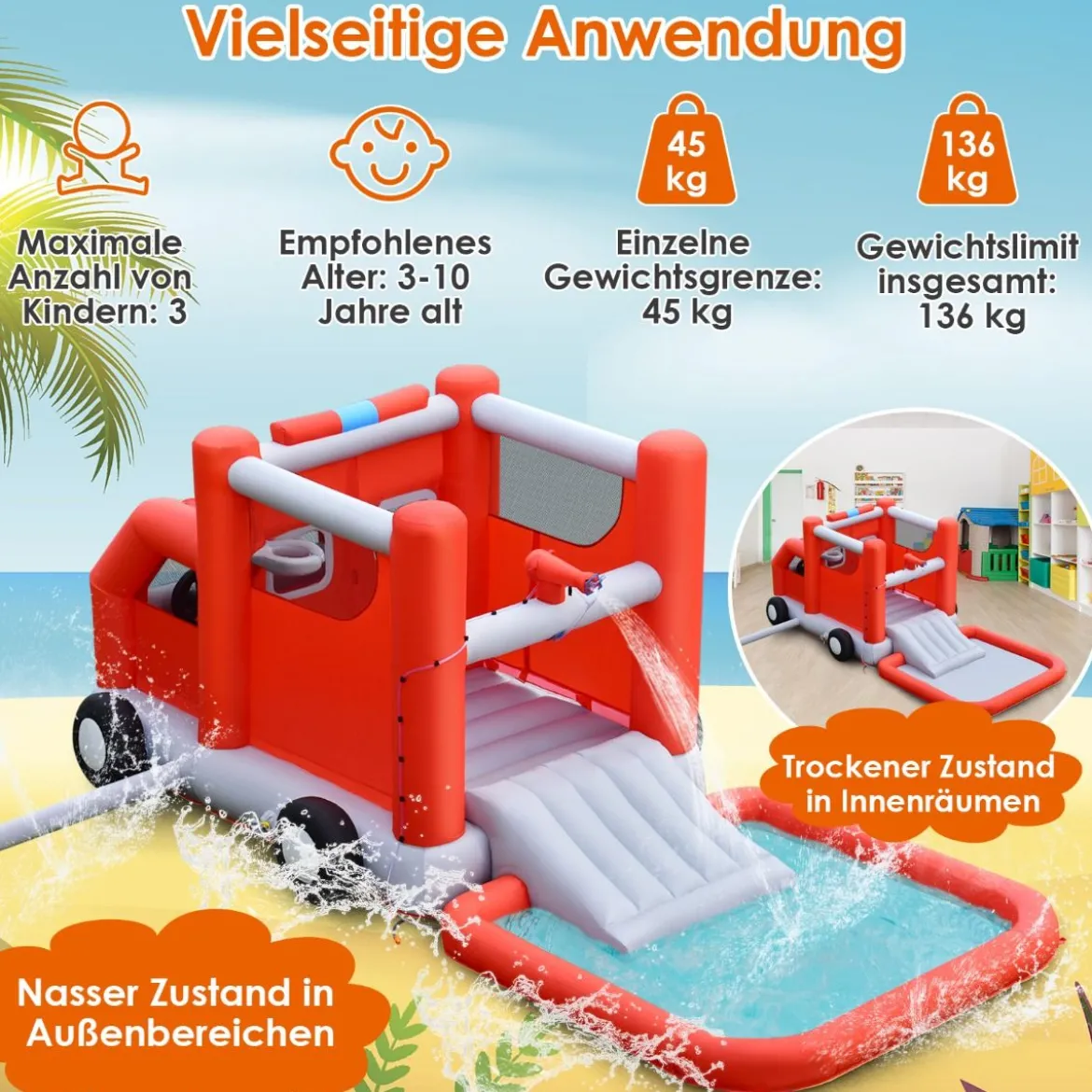 Kinder-Wasserrutsche im Feuerwehr-Stil mit Planschbecken 564 x 268 x 212 cm