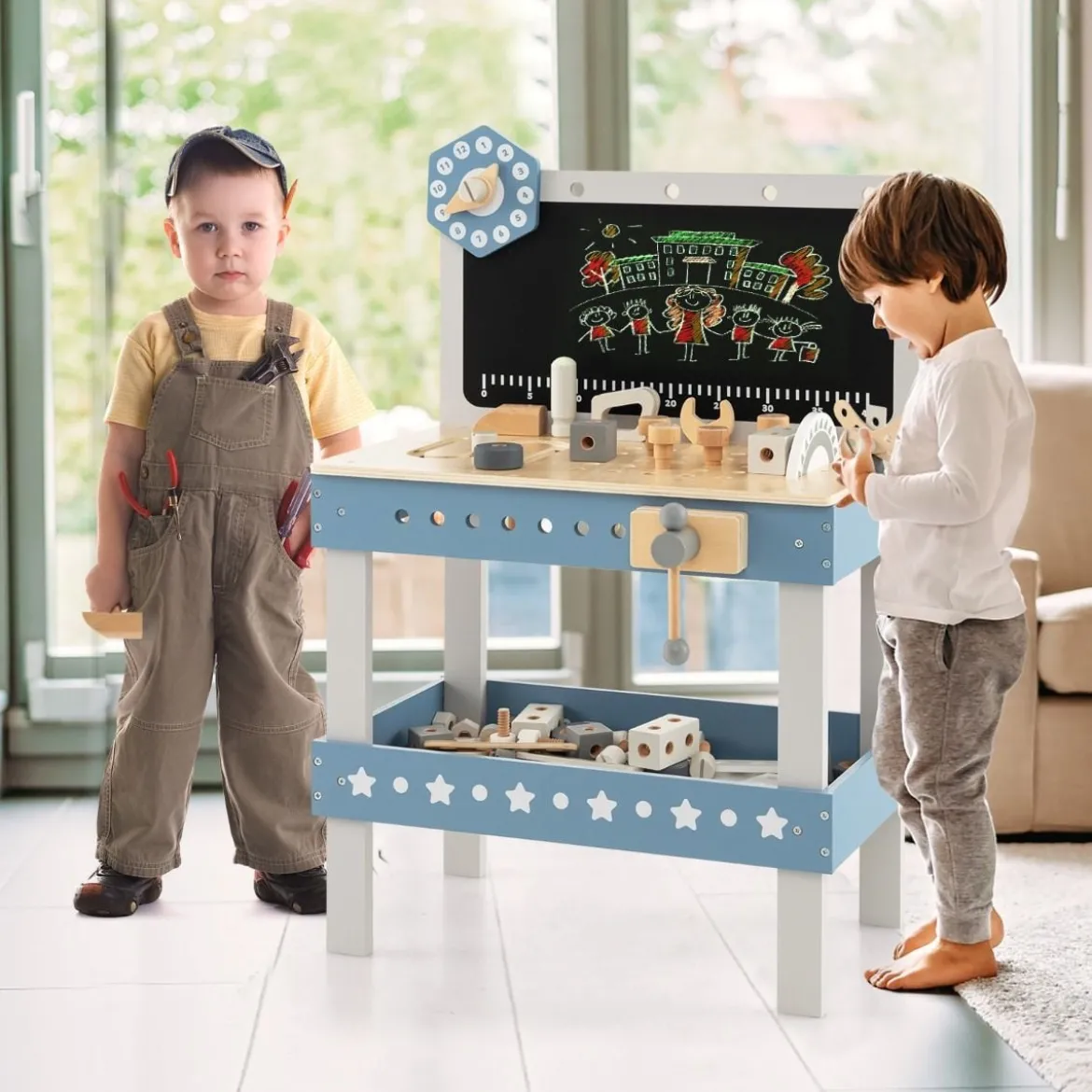 Kinder Werkbank aus Holz mit Tafel & Uhr & 61 Zubehören für Kinder ab 3 Jahren Blau