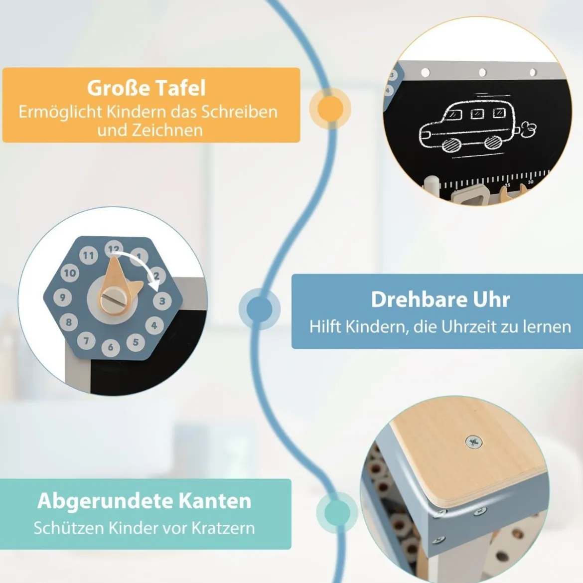 Kinder Werkbank aus Holz mit Tafel & Uhr & 61 Zubehören für Kinder ab 3 Jahren Blau
