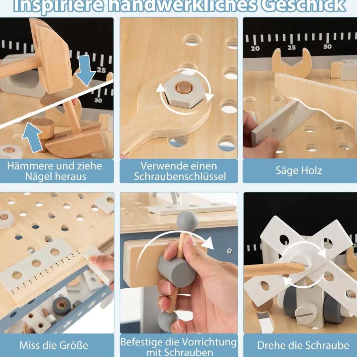 Kinder Werkbank aus Holz mit Tafel & Uhr & 61 Zubehören für Kinder ab 3 Jahren Blau