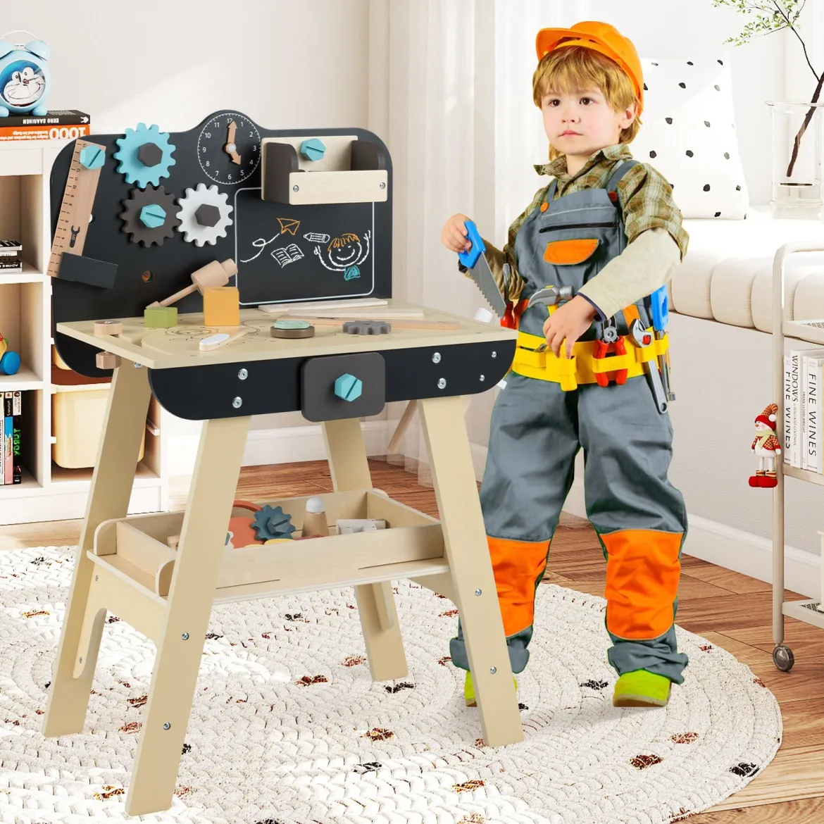 Kinder Werkbank Set mit Tafel Montessori Spielzeug zum Nachspielen Werkstatt-Spielzeug