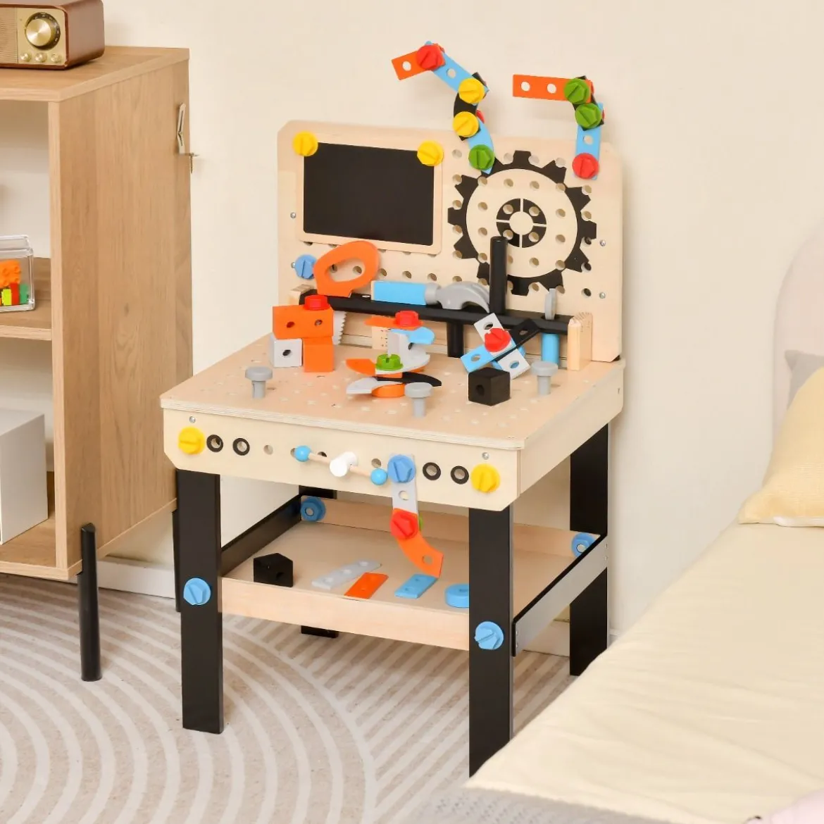 Kinder Werkzeugbank aus Holz mit Tafel & hängendem Werkzeugständer & Zubehör