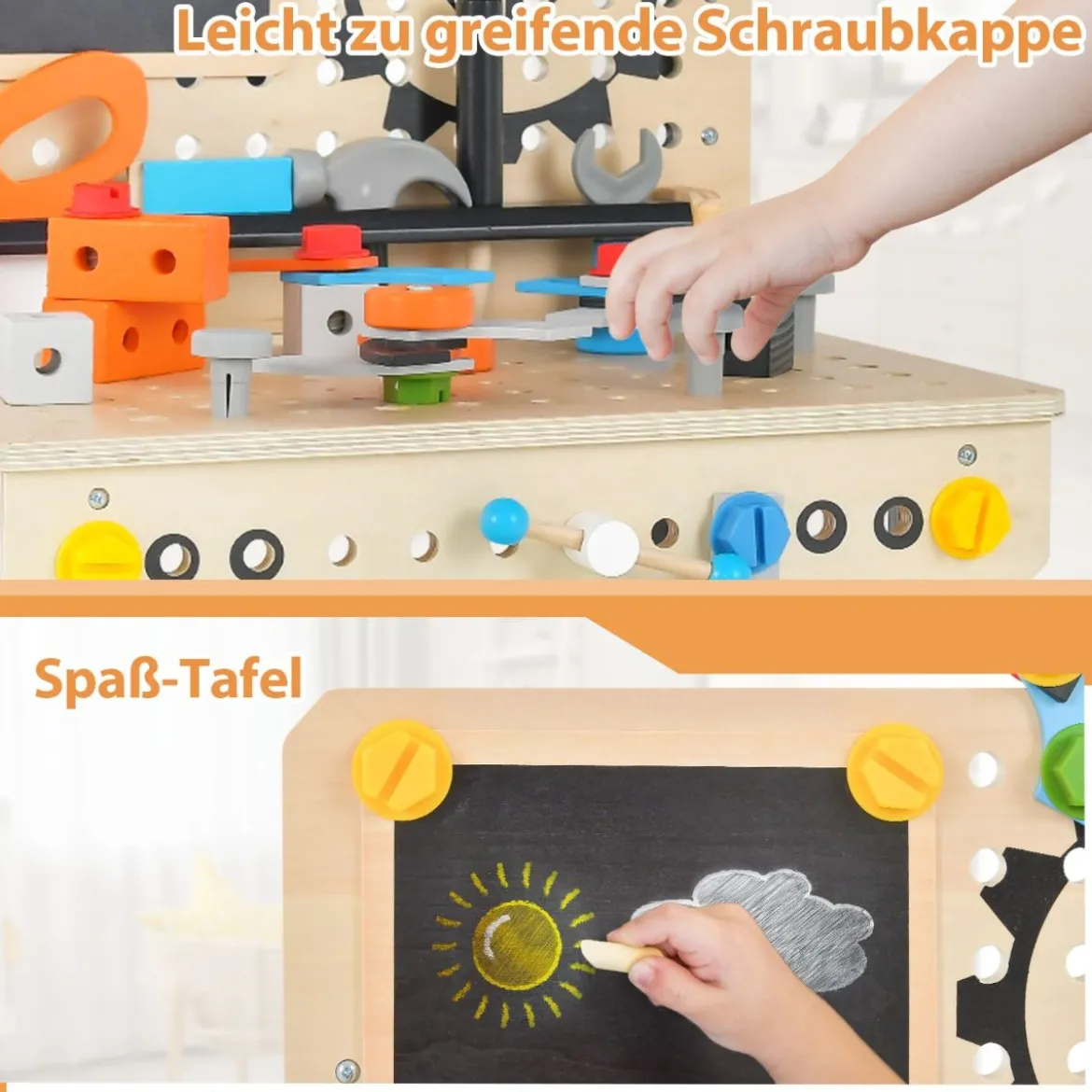 Kinder Werkzeugbank aus Holz mit Tafel & hängendem Werkzeugständer & Zubehör