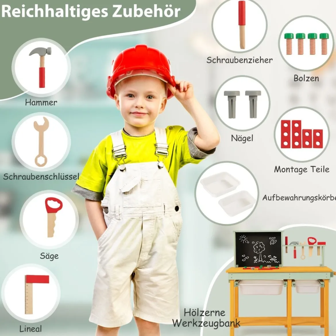 Kinder Werkzeugbank aus Holz mit Tafel & 2 Aufbewahrungsboxen & 16 Zubehören Spielwerkbank