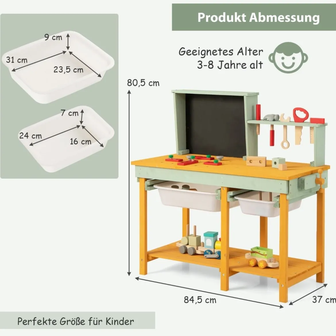 Kinder Werkzeugbank aus Holz mit Tafel & 2 Aufbewahrungsboxen & 16 Zubehören Spielwerkbank