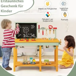 Kinder Werkzeugbank aus Holz mit Tafel & 2 Aufbewahrungsboxen & 16 Zubehören Spielwerkbank