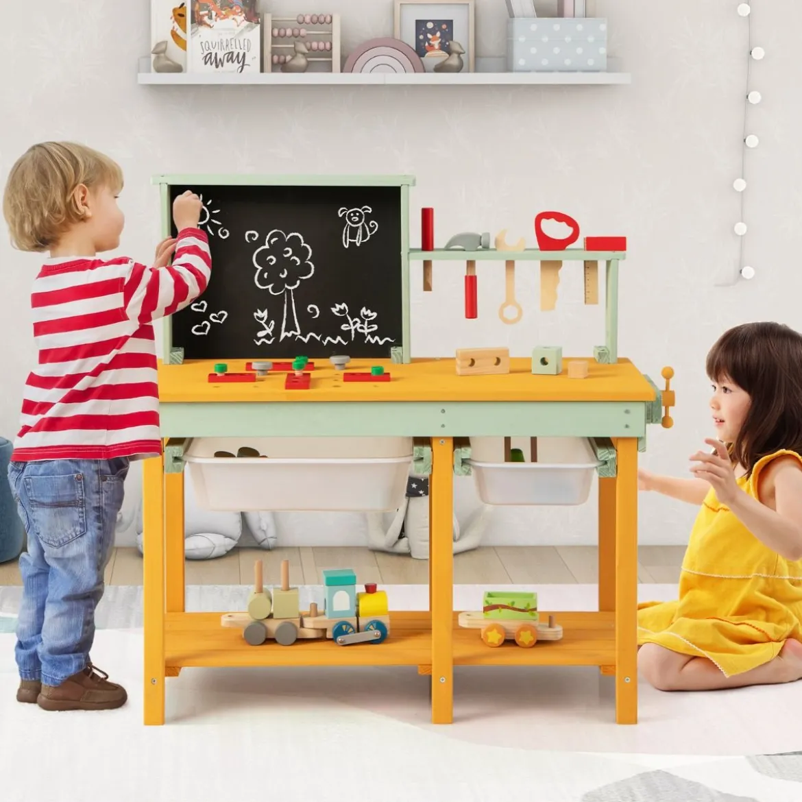 Kinder Werkzeugbank aus Holz mit Tafel & 2 Aufbewahrungsboxen & 16 Zubehören Spielwerkbank