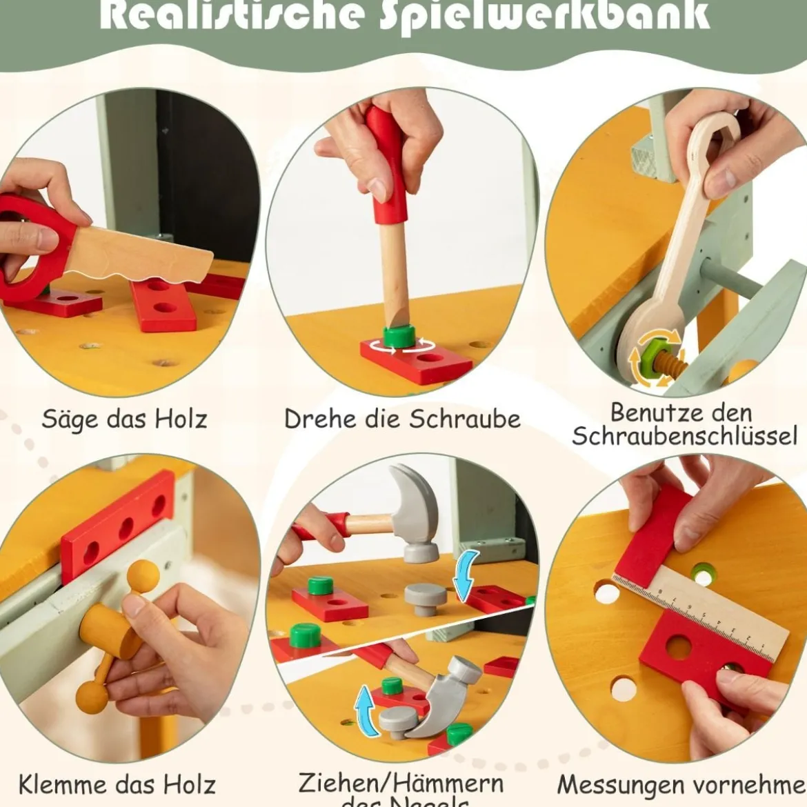 Kinder Werkzeugbank aus Holz mit Tafel & 2 Aufbewahrungsboxen & 16 Zubehören Spielwerkbank