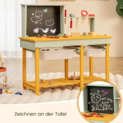 Kinder Werkzeugbank aus Holz mit Tafel & 2 Aufbewahrungsboxen & 16 Zubehören Spielwerkbank
