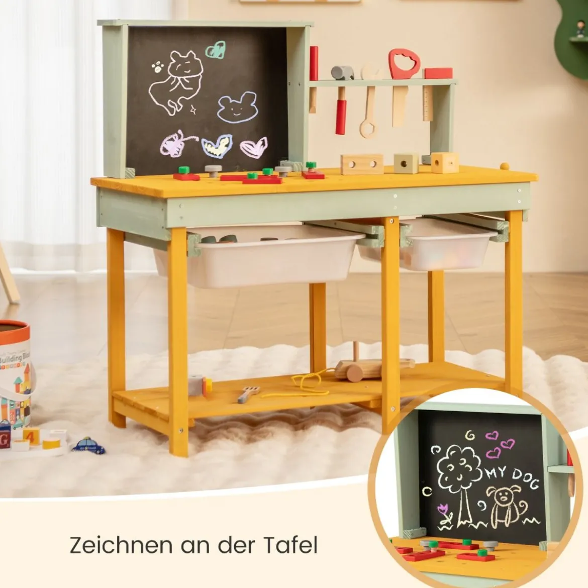 Kinder Werkzeugbank aus Holz mit Tafel & 2 Aufbewahrungsboxen & 16 Zubehören Spielwerkbank