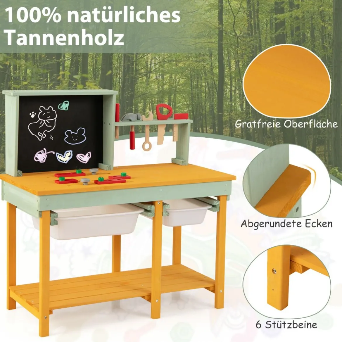 Kinder Werkzeugbank aus Holz mit Tafel & 2 Aufbewahrungsboxen & 16 Zubehören Spielwerkbank