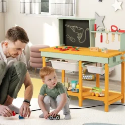 Kinder Werkzeugbank aus Holz mit Tafel & 2 Aufbewahrungsboxen & 16 Zubehören Spielwerkbank
