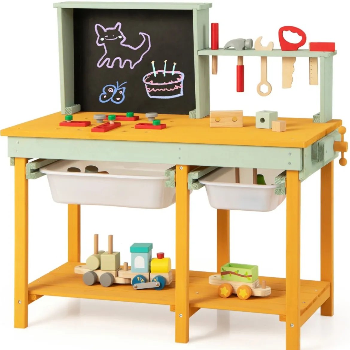 Kinder Werkzeugbank aus Holz mit Tafel & 2 Aufbewahrungsboxen & 16 Zubehören Spielwerkbank