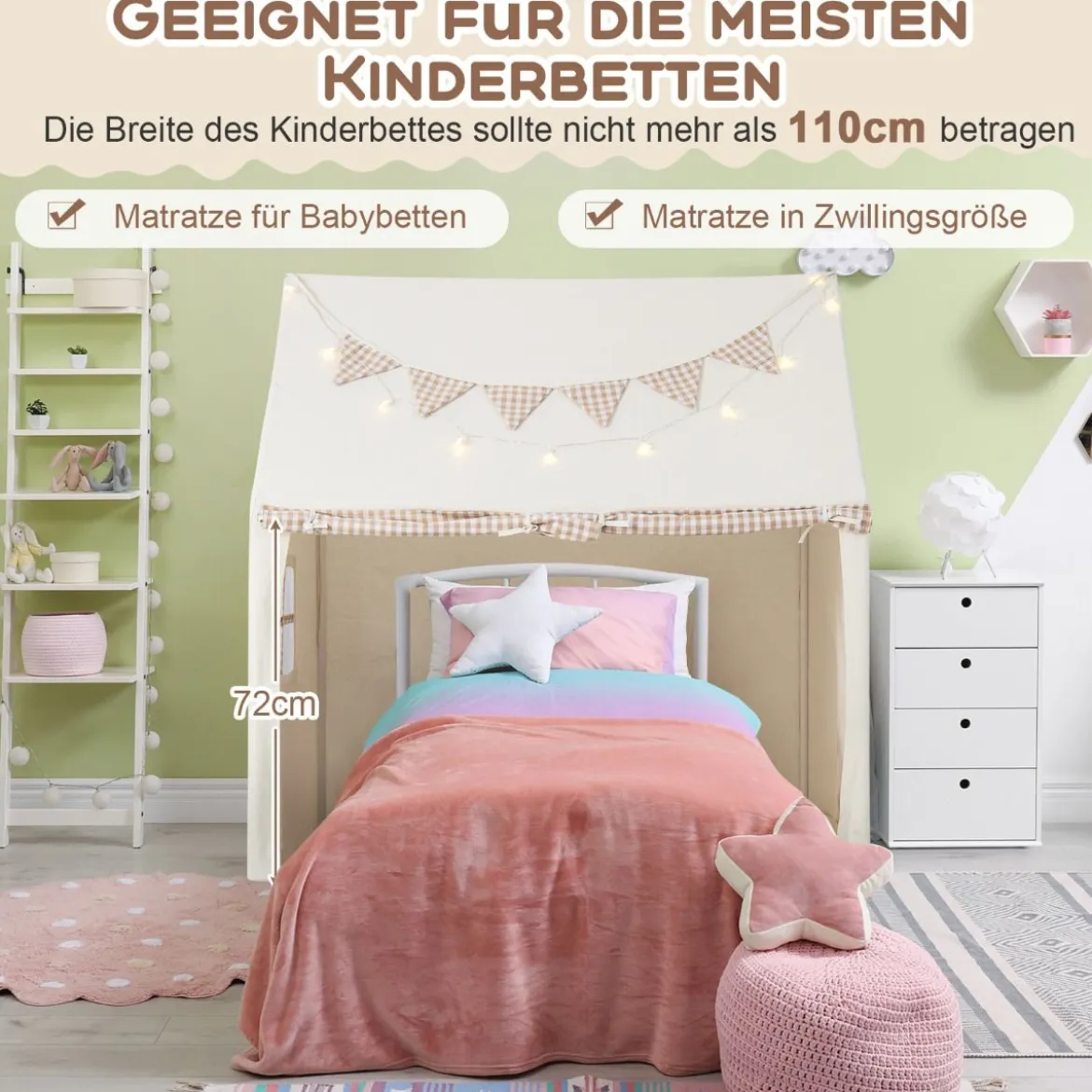 Kinderzelt für Drinnen Kinder Spielhaus mit Matte & Lichtern 125 x 100 x 127 cm Beige