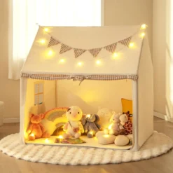 Kinderzelt für Drinnen Kinder Spielhaus mit Matte & Lichtern 125 x 100 x 127 cm Beige