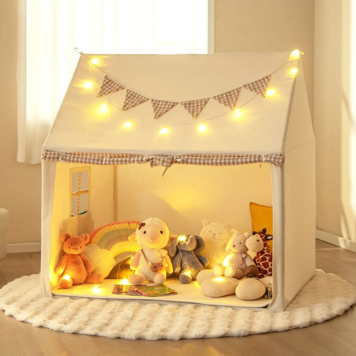 Kinderzelt für Drinnen Kinder Spielhaus mit Matte & Lichtern 125 x 100 x 127 cm Beige