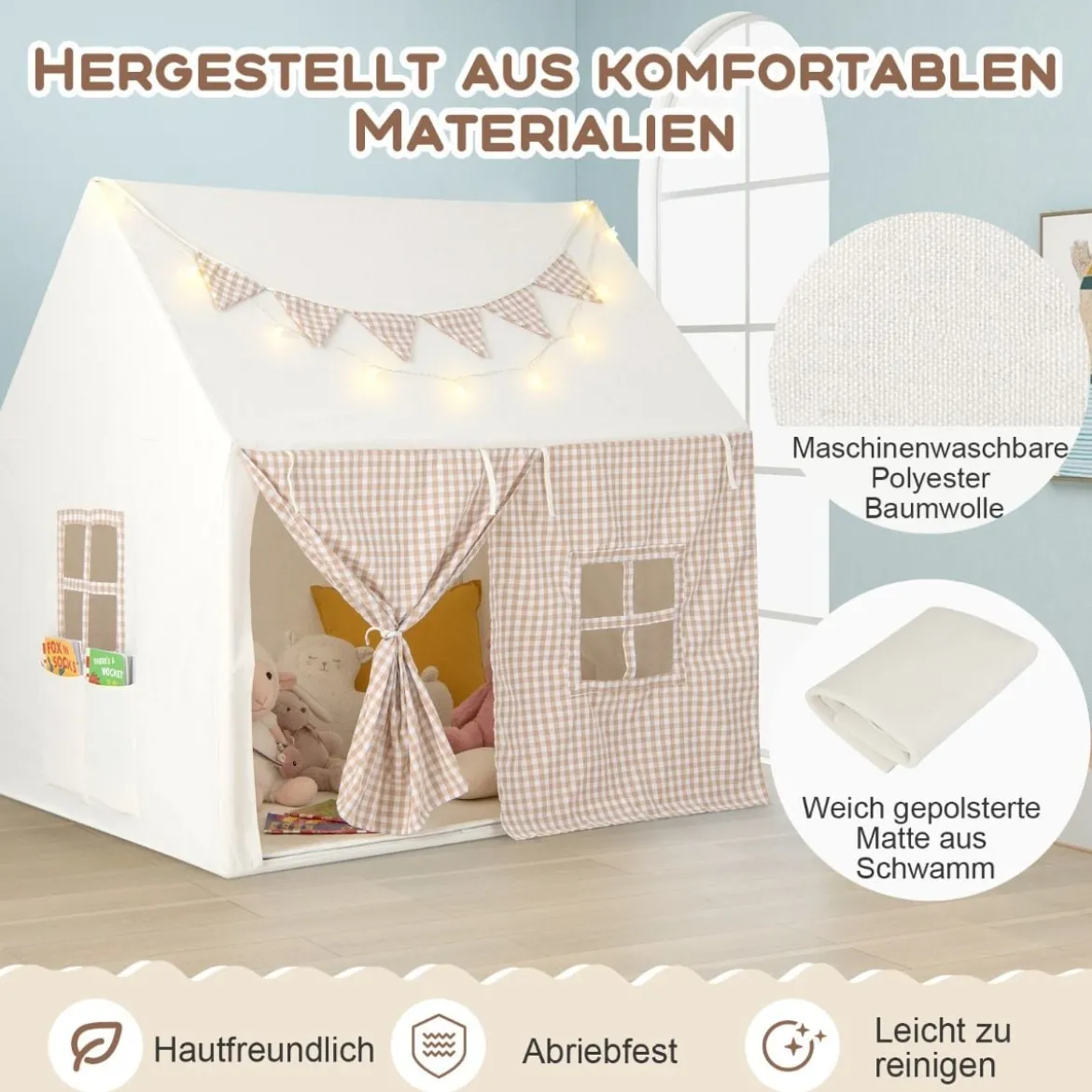 Kinderzelt für Drinnen Kinder Spielhaus mit Matte & Lichtern 125 x 100 x 127 cm Beige