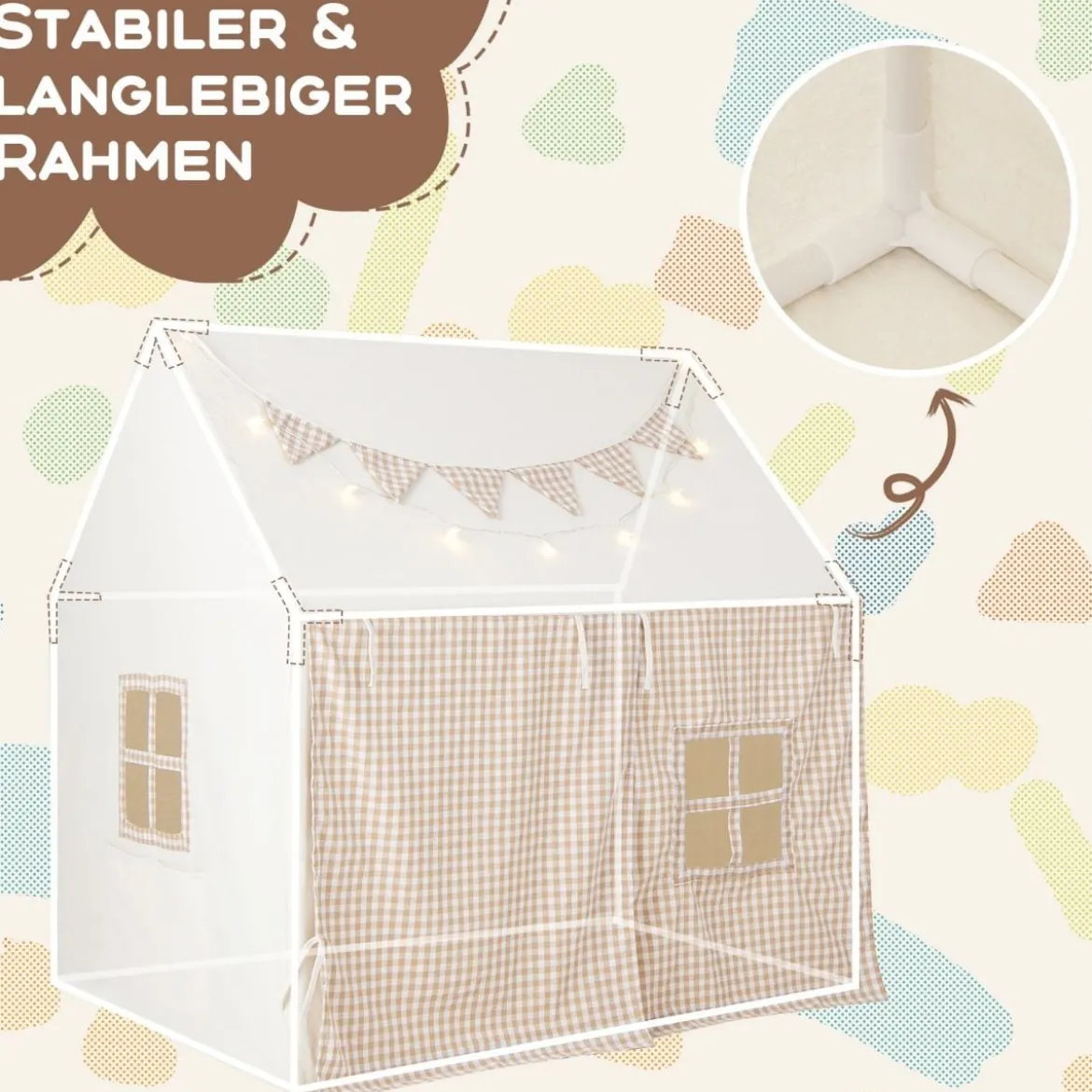 Kinderzelt für Drinnen Kinder Spielhaus mit Matte & Lichtern 125 x 100 x 127 cm Beige
