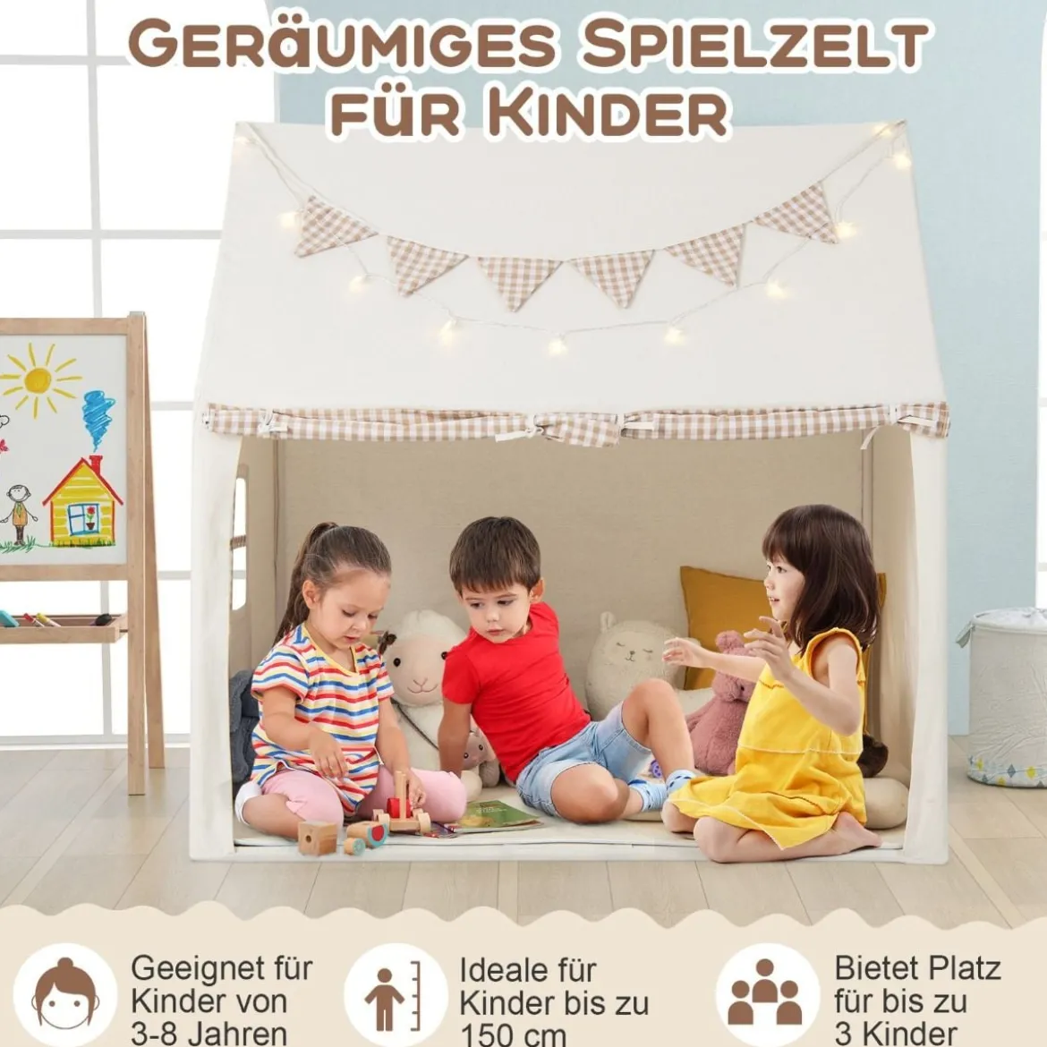 Kinderzelt für Drinnen Kinder Spielhaus mit Matte & Lichtern 125 x 100 x 127 cm Beige