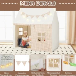 Kinderzelt für Drinnen Kinder Spielhaus mit Matte & Lichtern 125 x 100 x 127 cm Beige