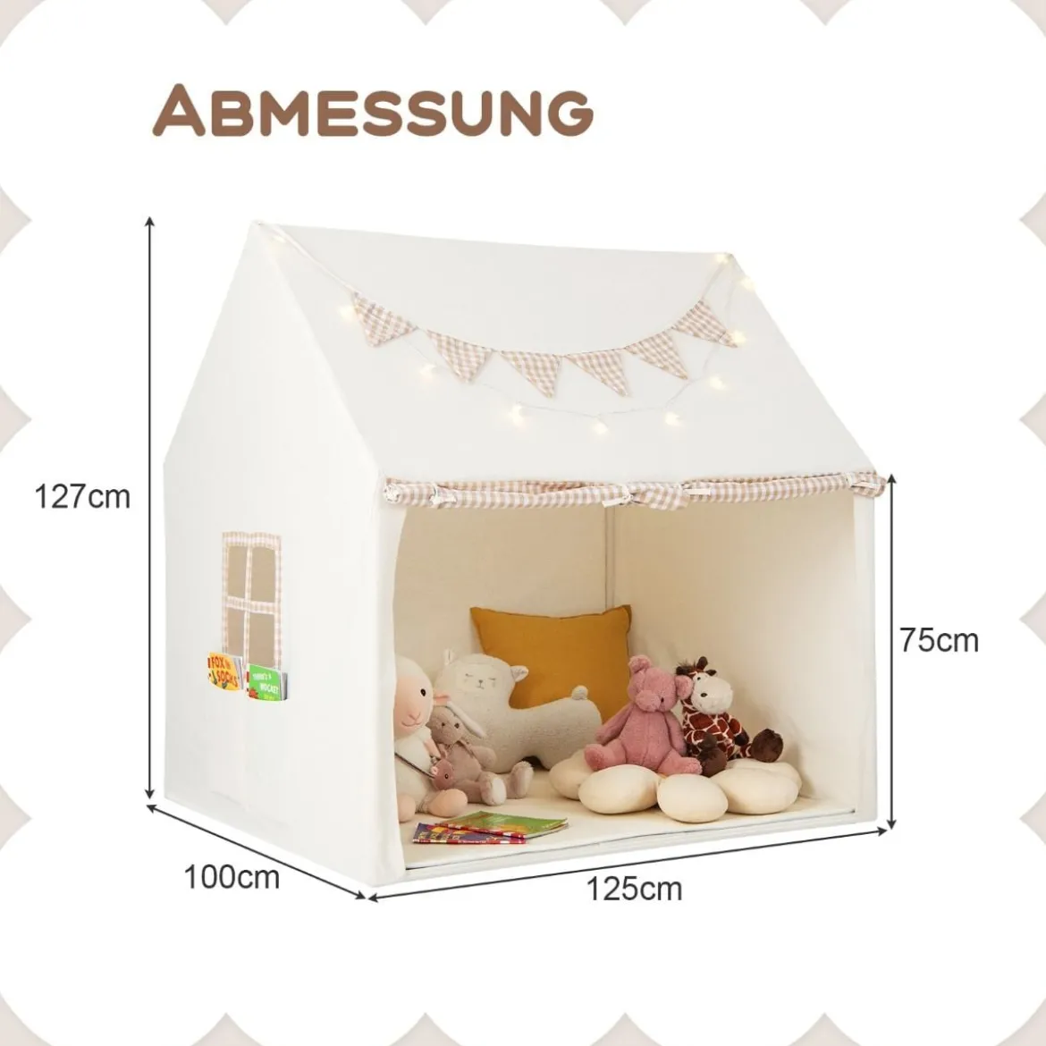 Kinderzelt für Drinnen Kinder Spielhaus mit Matte & Lichtern 125 x 100 x 127 cm Beige