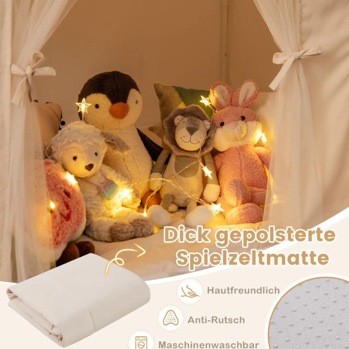Kinderzelt für Drinnen Spielhaus Kinder Indoor mit rutschfeste Matte Spielzelt Kinderzimmer Zelt Beige