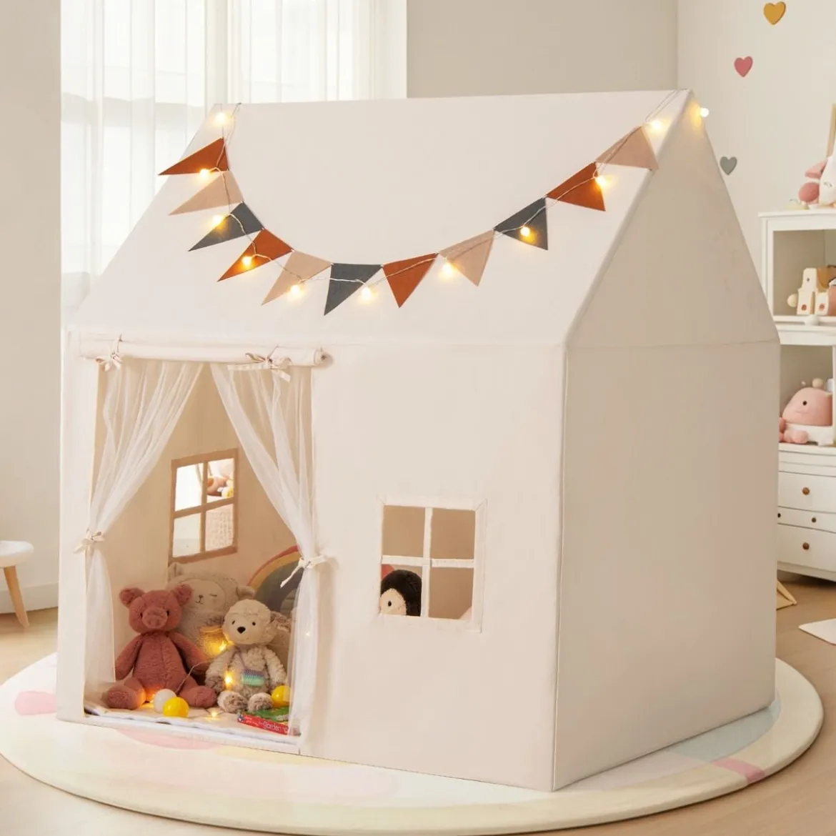 Kinderzelt für Drinnen Spielhaus Kinder Indoor mit rutschfeste Matte Spielzelt Kinderzimmer Zelt Beige